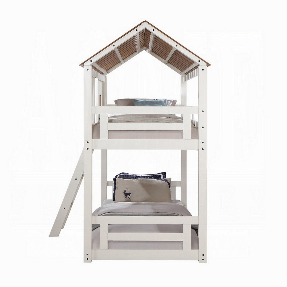 Nara Twin Size Bunk Bed, House Design with Ladder, White Rustic Wood - BM327573