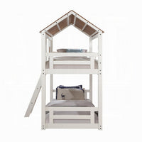 Nara Twin Size Bunk Bed, House Design with Ladder, White Rustic Wood - BM327573