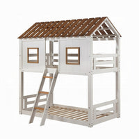 Nara Twin Size Bunk Bed, House Design with Ladder, White Rustic Wood - BM327573