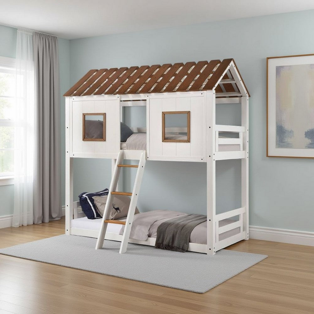 Nara Twin Size Bunk Bed, House Design with Ladder, White Rustic Wood - BM327573