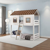 Nara Twin Size Bunk Bed, House Design with Ladder, White Rustic Wood - BM327573