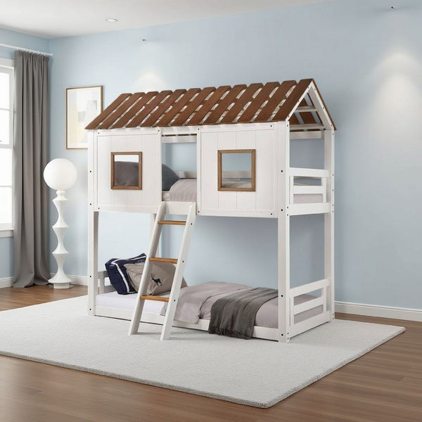 Nara Twin Size Bunk Bed, House Design with Ladder, White Rustic Wood - BM327573