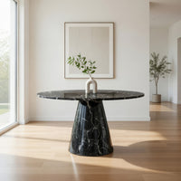 Olivia Dining Table, Pedestal Base, 48 Inch Round Black Faux Stone Top - BM327576