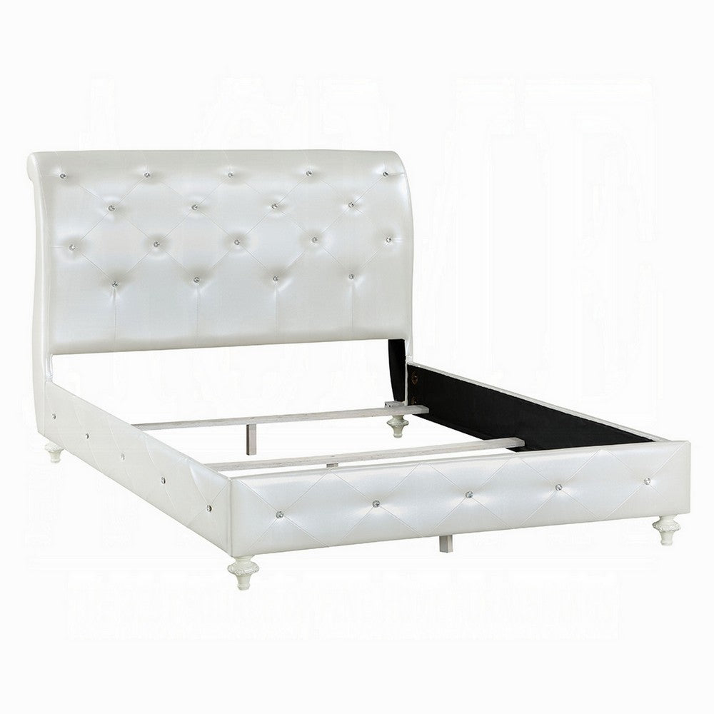 Dorie Twin Bed, Pearl White Faux Leather Victorian Carved w Crystals  - BM327580