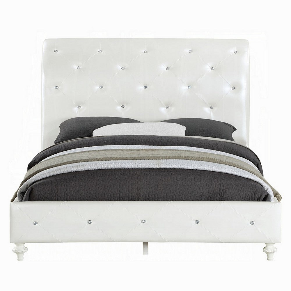 Dorie Twin Bed, Pearl White Faux Leather Victorian Carved w Crystals  - BM327580