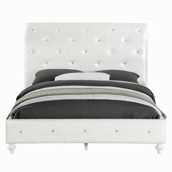 Dorie Twin Bed, Pearl White Faux Leather Victorian Carved w Crystals  - BM327580