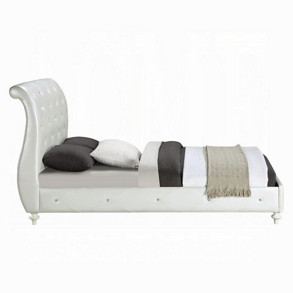 Dorie Twin Bed, Pearl White Faux Leather Victorian Carved w Crystals  - BM327580