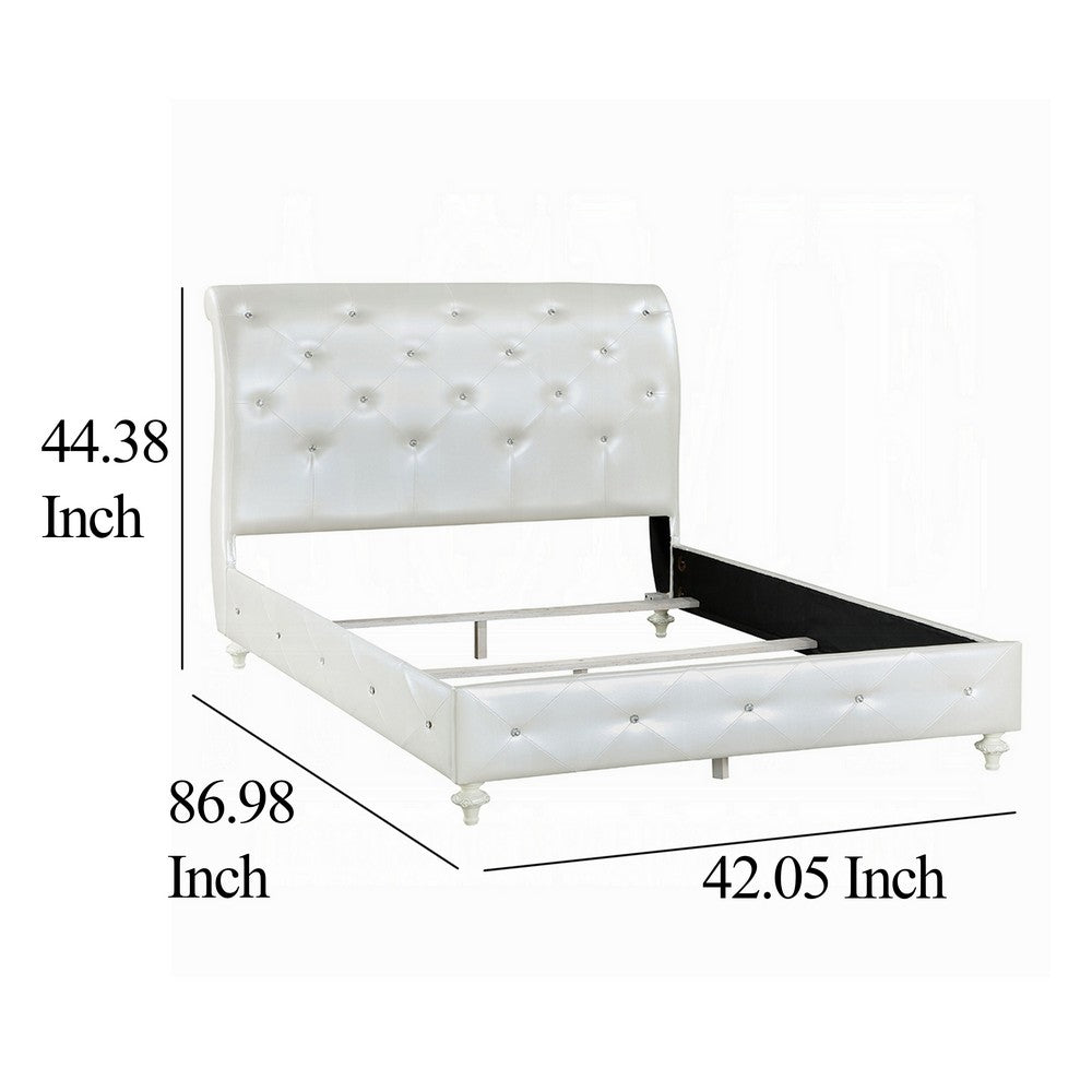 Dorie Twin Bed, Pearl White Faux Leather Victorian Carved w Crystals  - BM327580