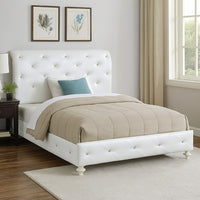 Dorie Twin Bed, Pearl White Faux Leather Victorian Carved w Crystals  - BM327580