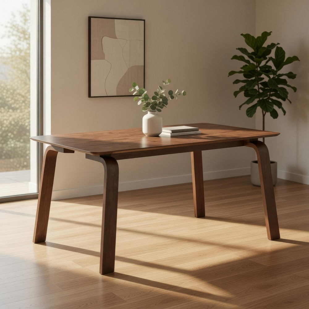 Kinni Dining Table, Walnut Brown Wood, Bent Legs, Rectangular 63 Inch - BM327581
