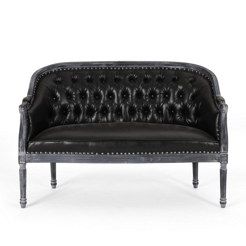 Sofa, 50 Inch, Button Tufted Design, Birch Wood, Black Faux Leather -BM327684