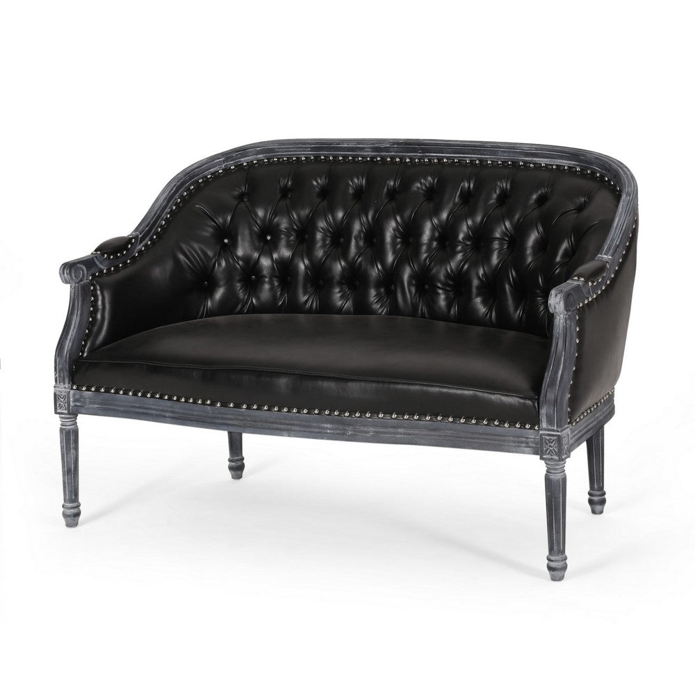 Sofa, 50 Inch, Button Tufted Design, Birch Wood, Black Faux Leather -BM327684