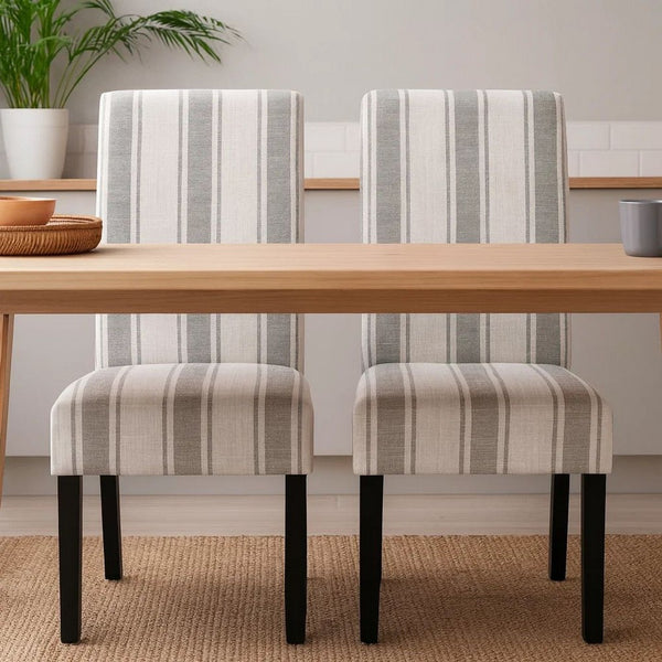 Dinner Chair Set of 2, Retro Style Armless Design, White Gray Stripes -BM327685