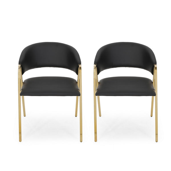Dining Chair Set of 2, Modern Black Faux Leather, Gold Metal Legs -BM327686