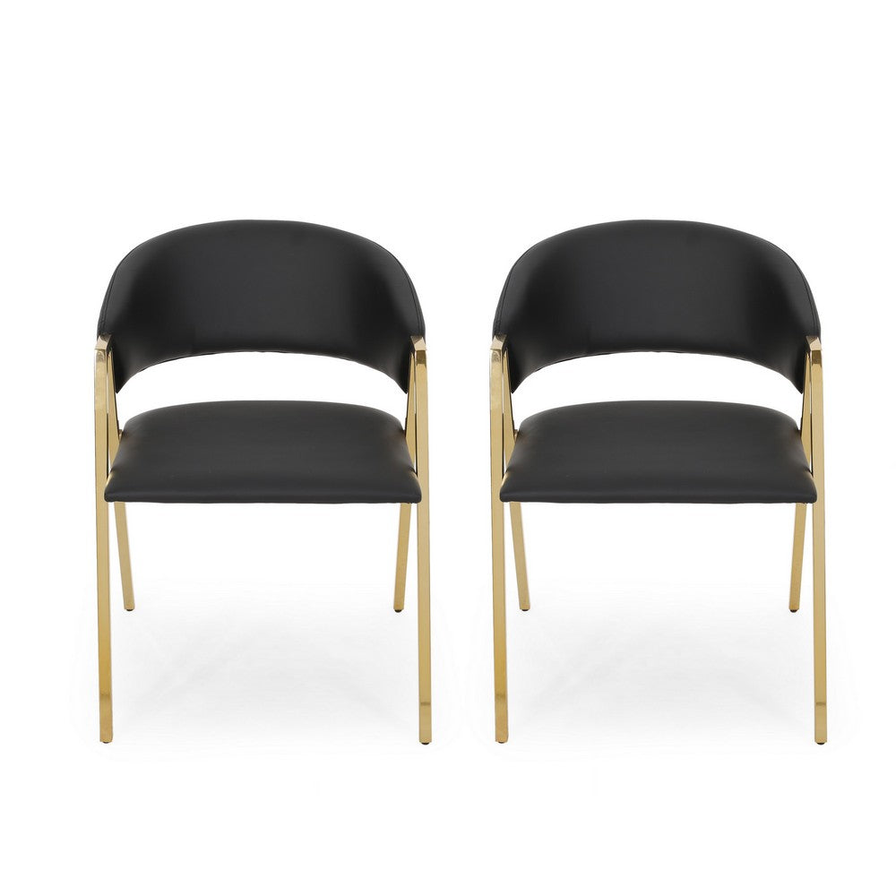 Dining Chair Set of 2, Modern Black Faux Leather, Gold Metal Legs