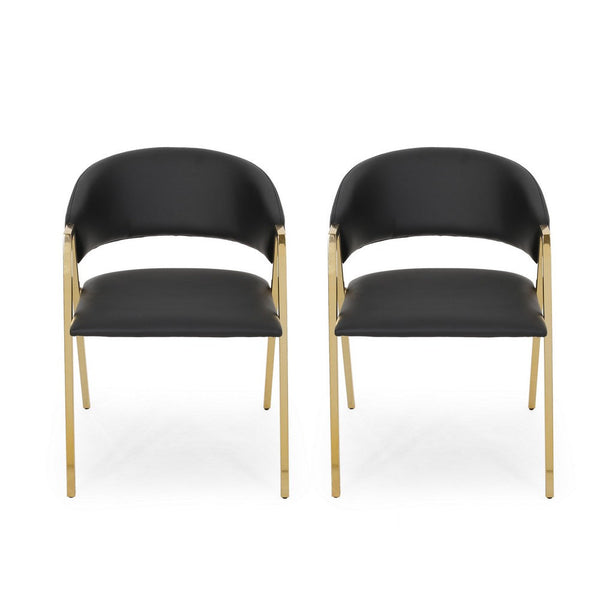 Dining Chair Set of 2, Modern Black Faux Leather, Gold Metal Legs