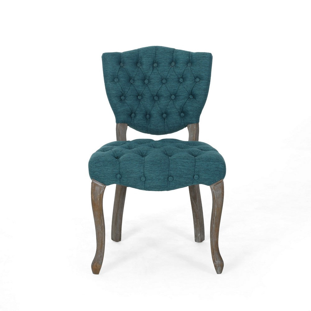 Dining Chair Set of 2, Button Tufted Teal Fabric Design, Rubberwood -BM327688
