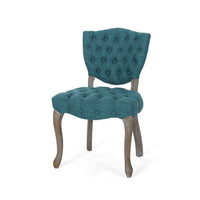 Dining Chair Set of 2, Button Tufted Teal Fabric Design, Rubberwood -BM327688