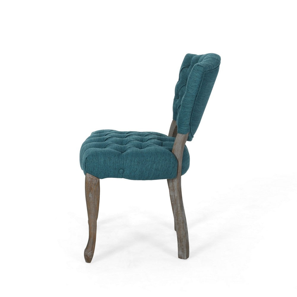 Dining Chair Set of 2, Button Tufted Teal Fabric Design, Rubberwood -BM327688