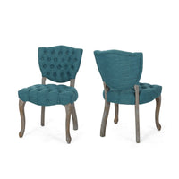 Dining Chair Set of 2, Button Tufted Teal Fabric Design, Rubberwood -BM327688