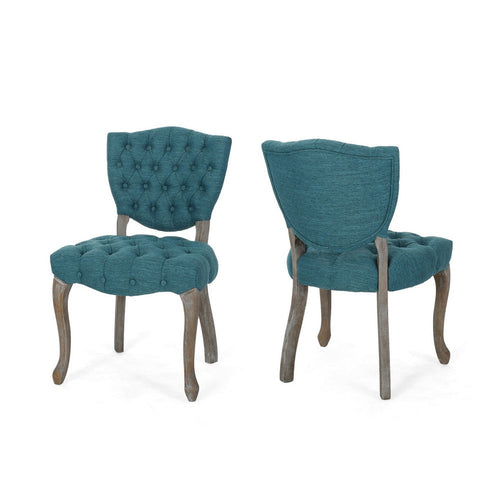 Dining Chair Set of 2, Button Tufted Teal Fabric Design, Rubberwood