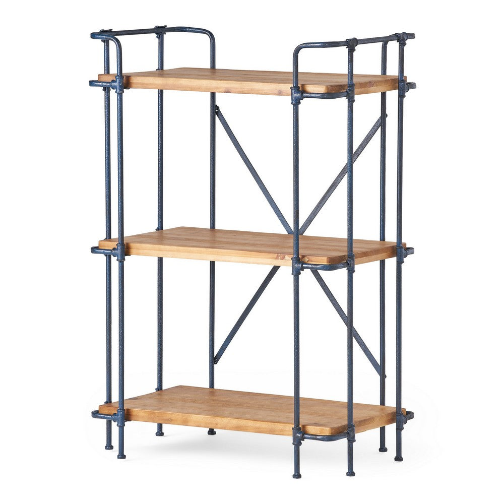 Sweet Bookcase, 41 Inch, 3 Shelves, Black Metal, Natural Brown Wood -BM327689