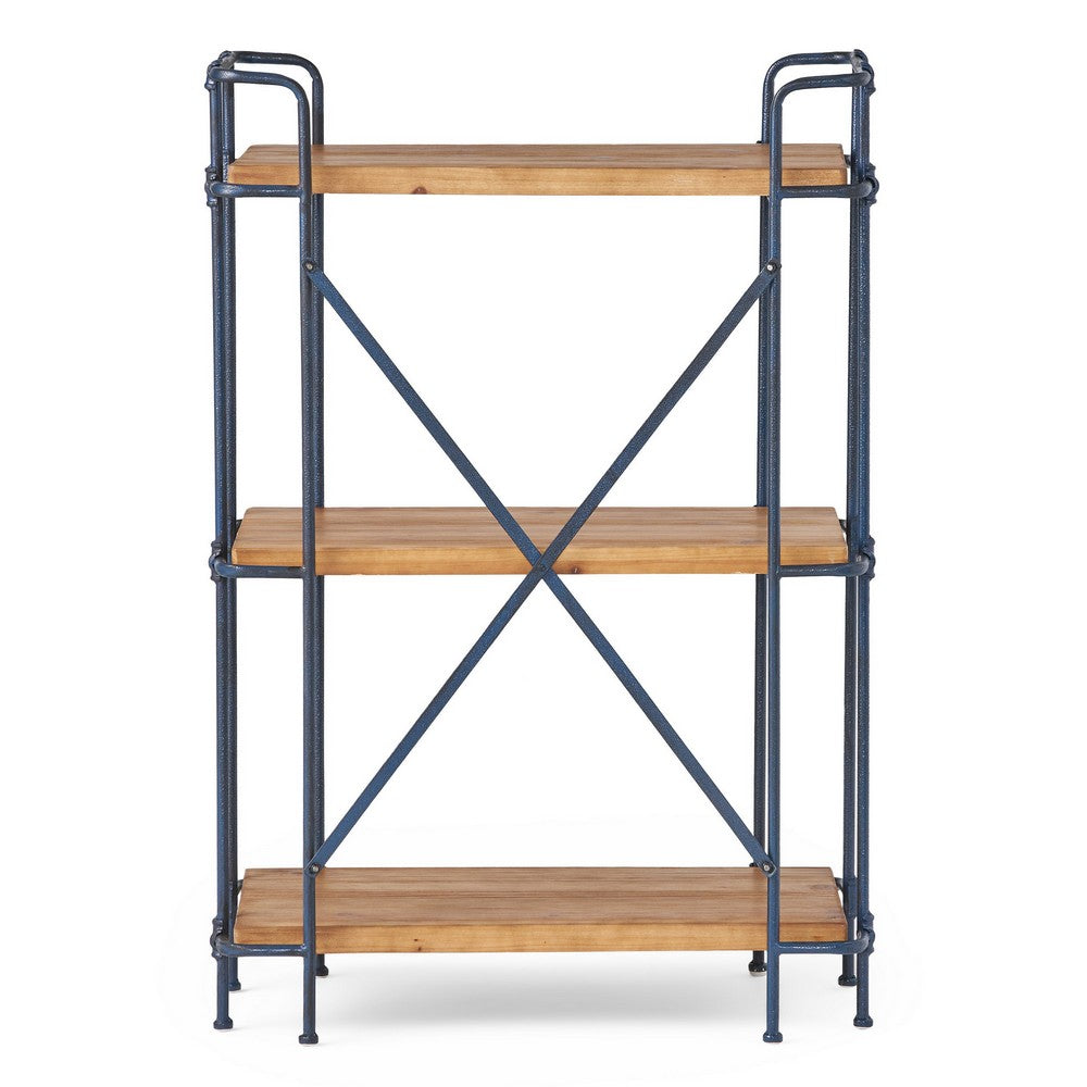 Sweet Bookcase, 41 Inch, 3 Shelves, Black Metal, Natural Brown Wood -BM327689