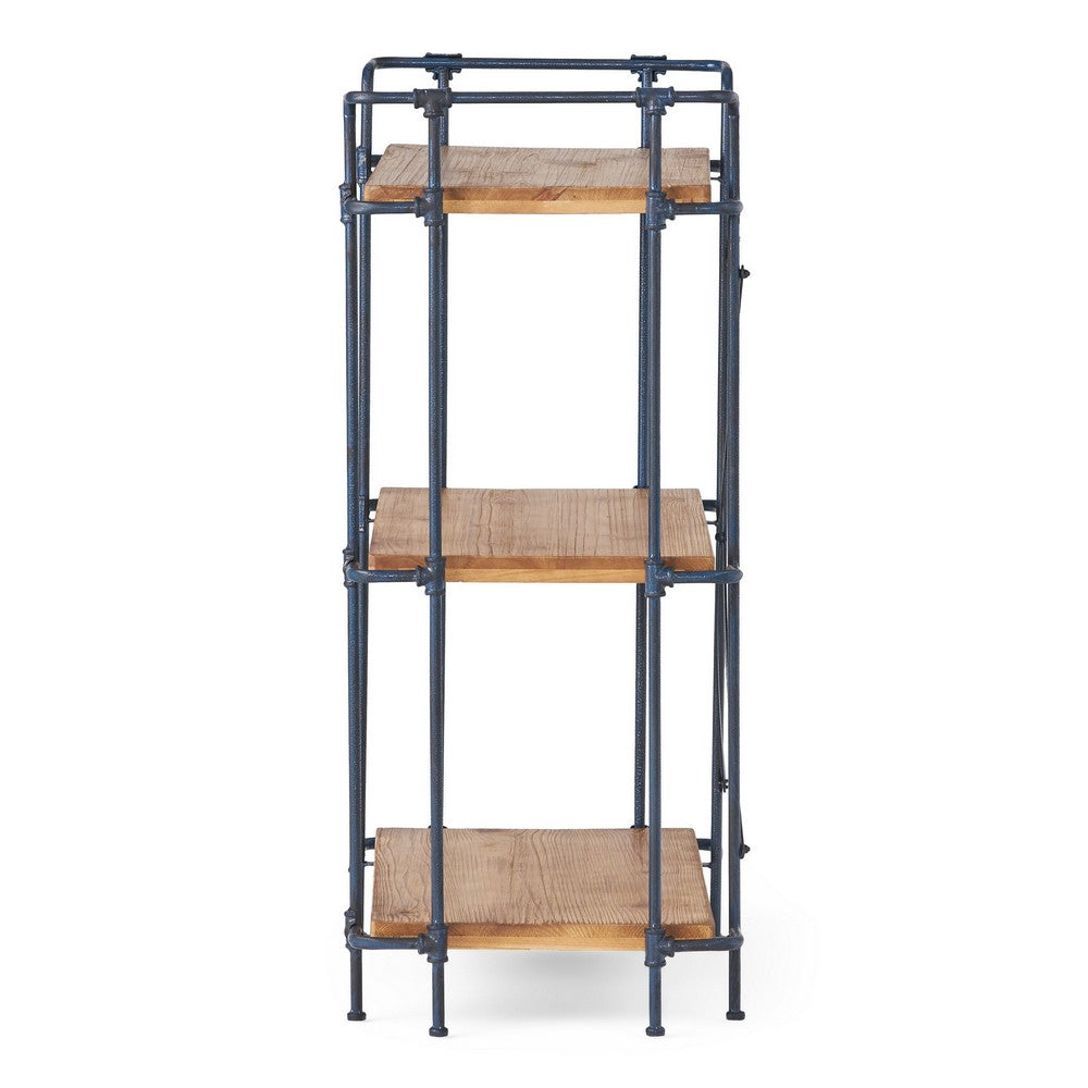 Sweet Bookcase, 41 Inch, 3 Shelves, Black Metal, Natural Brown Wood -BM327689