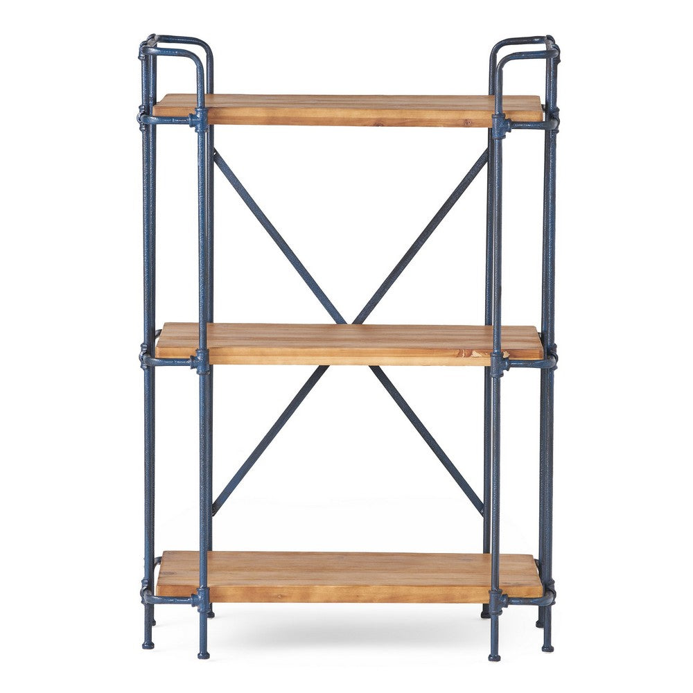 Sweet Bookcase, 41 Inch, 3 Shelves, Black Metal, Natural Brown Wood