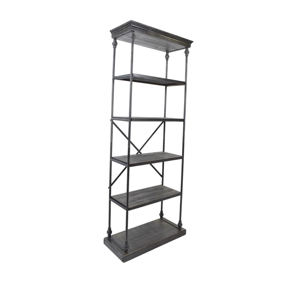 Sweet Bookcase, 85 Inch, 5 Shelves, Gray Metal Pipe Design, Fir Wood -BM327690