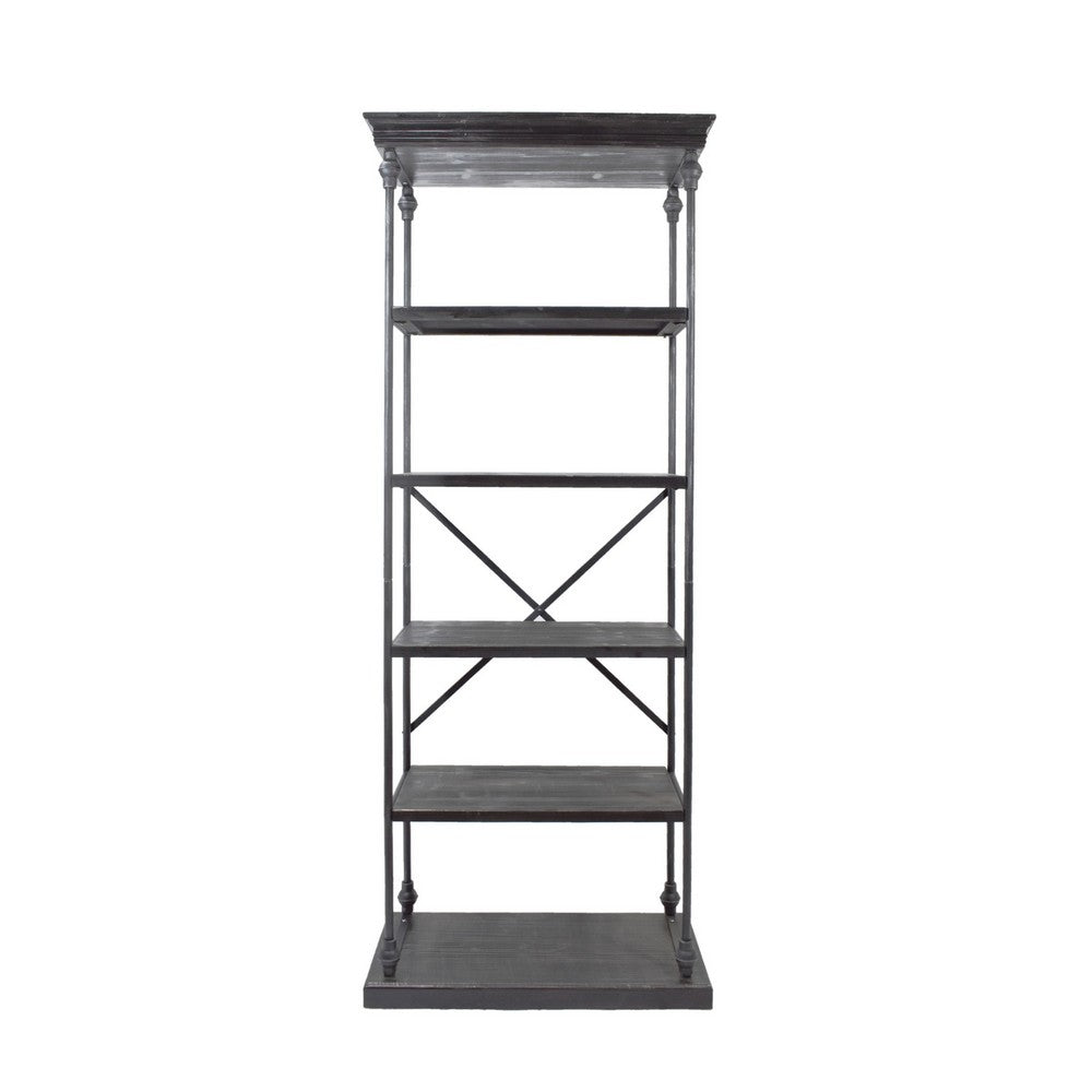 Sweet Bookcase, 85 Inch, 5 Shelves, Gray Metal Pipe Design, Fir Wood -BM327690