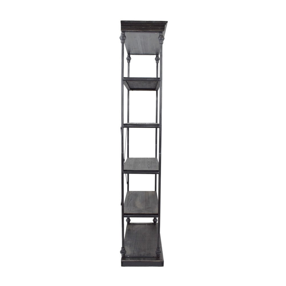 Sweet Bookcase, 85 Inch, 5 Shelves, Gray Metal Pipe Design, Fir Wood -BM327690