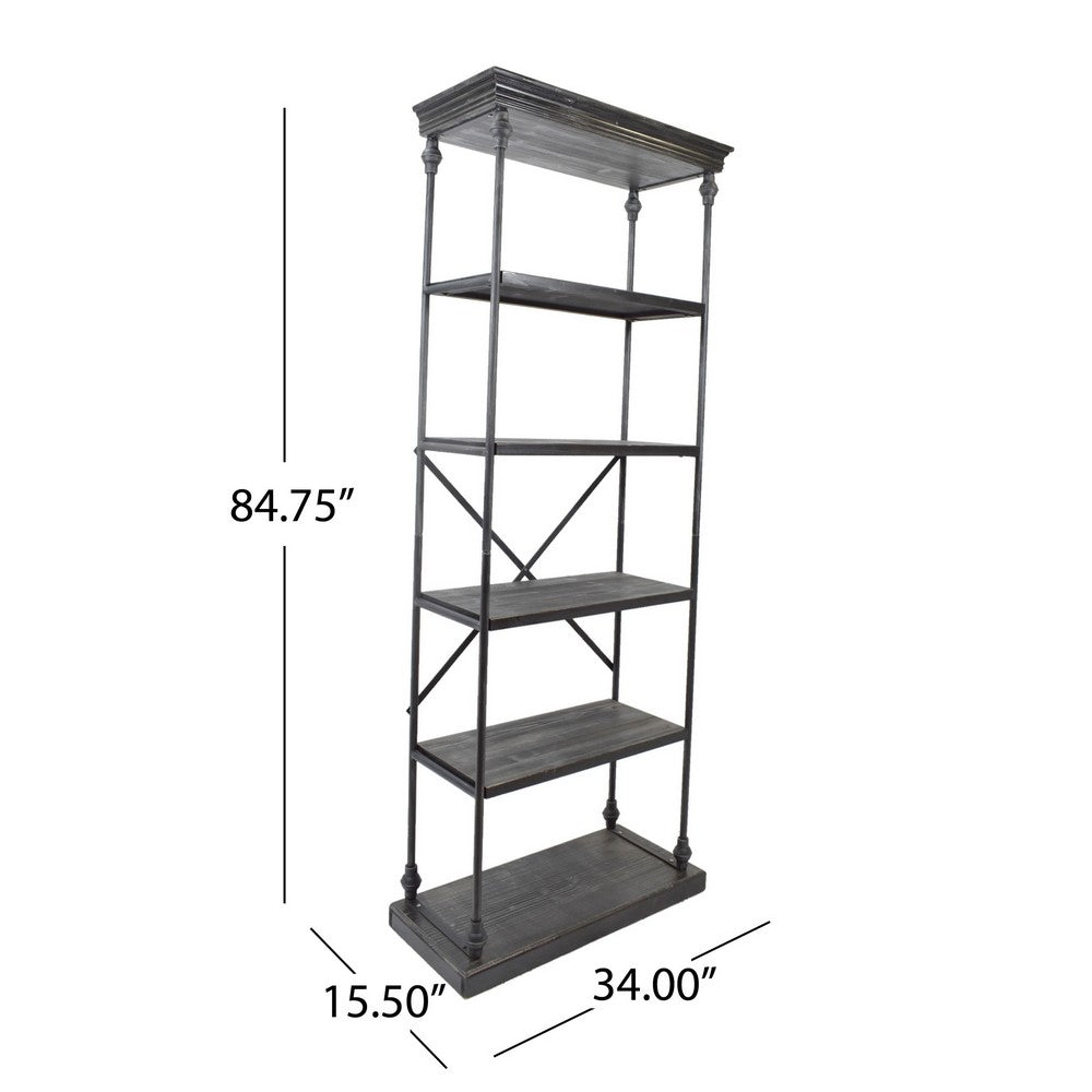 Sweet Bookcase, 85 Inch, 5 Shelves, Gray Metal Pipe Design, Fir Wood -BM327690