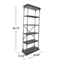 Sweet Bookcase, 85 Inch, 5 Shelves, Gray Metal Pipe Design, Fir Wood -BM327690