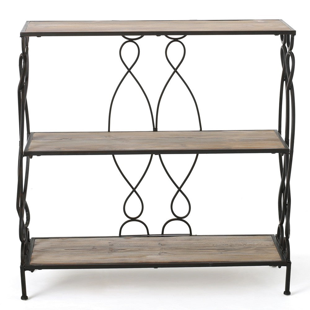 Bookcase, 2 Shelves, 34 Inch Industrial Black Metal, Natural Brown -BM327691