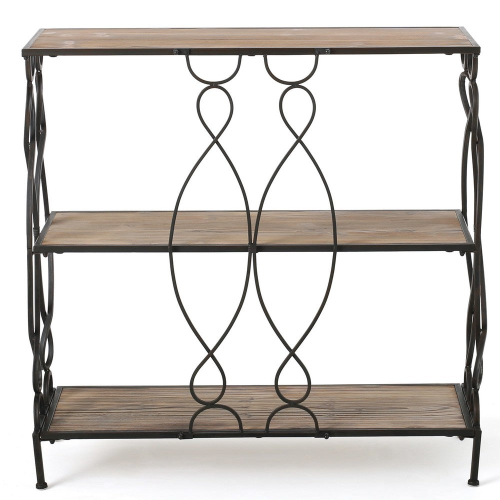 Bookcase, 2 Shelves, 34 Inch Industrial Black Metal, Natural Brown -BM327691