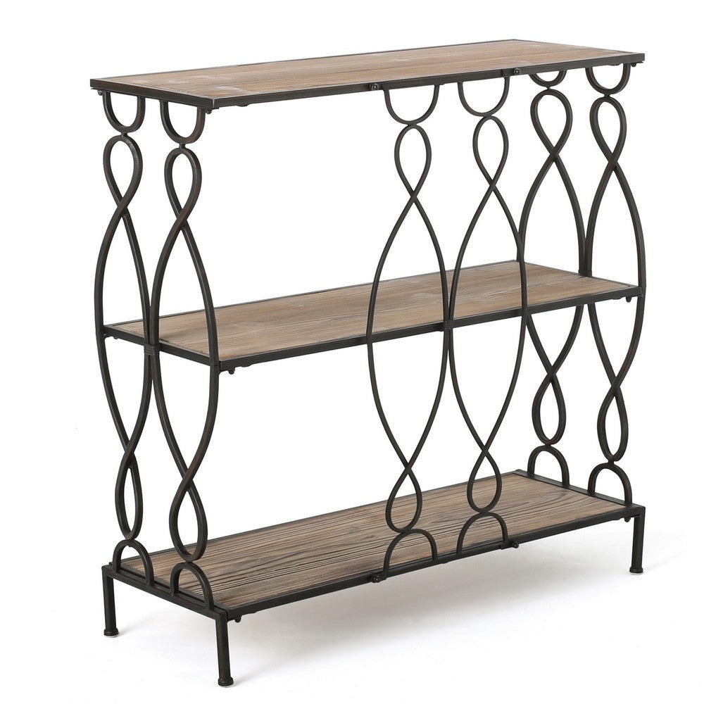 Bookcase, 2 Shelves, 34 Inch Industrial Black Metal, Natural Brown
