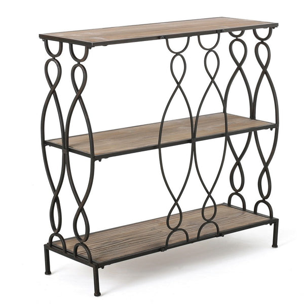 Bookcase, 2 Shelves, 34 Inch Industrial Black Metal, Natural Brown