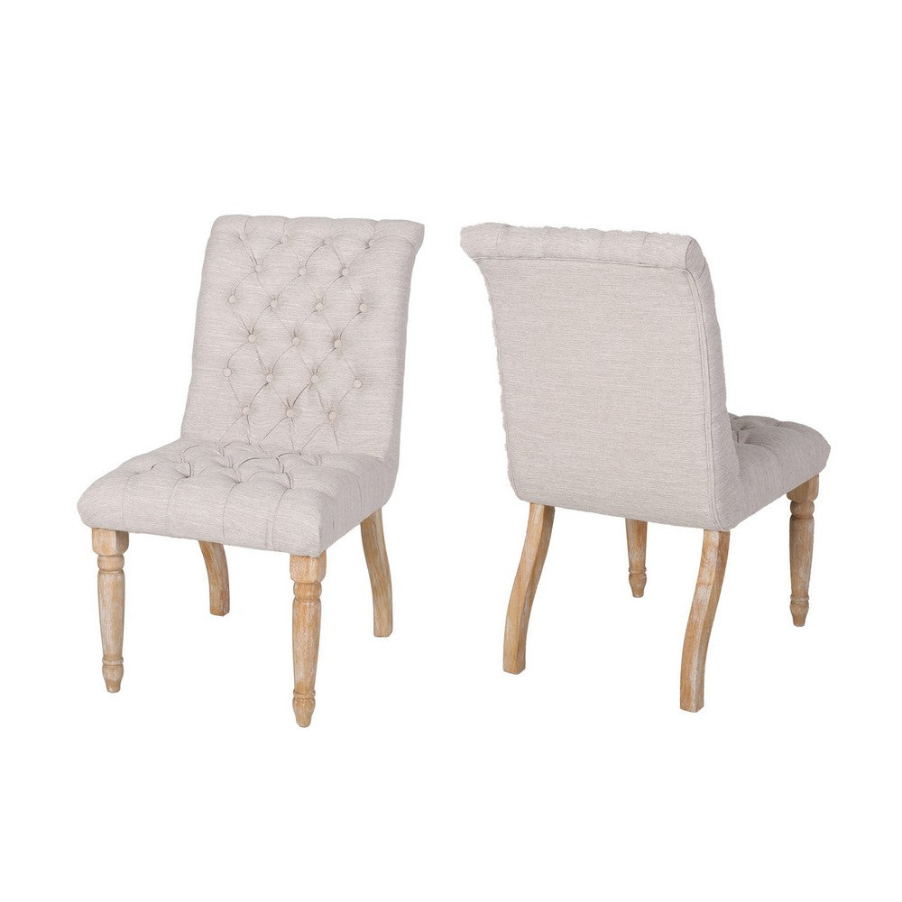 Dining Chair Set of 2, Button Tufted Beige Fabric, Natural Brown Wood