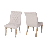 Dining Chair Set of 2, Button Tufted Beige Fabric, Natural Brown Wood