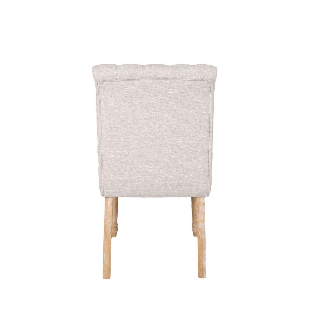 Dining Chair Set of 2, Button Tufted Beige Fabric, Natural Brown Wood -BM327692