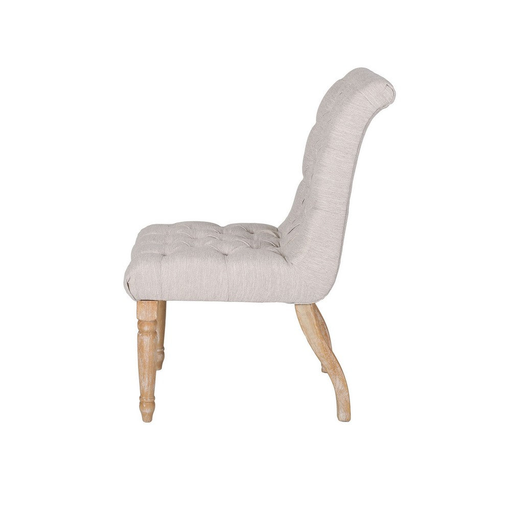 Dining Chair Set of 2, Button Tufted Beige Fabric, Natural Brown Wood -BM327692