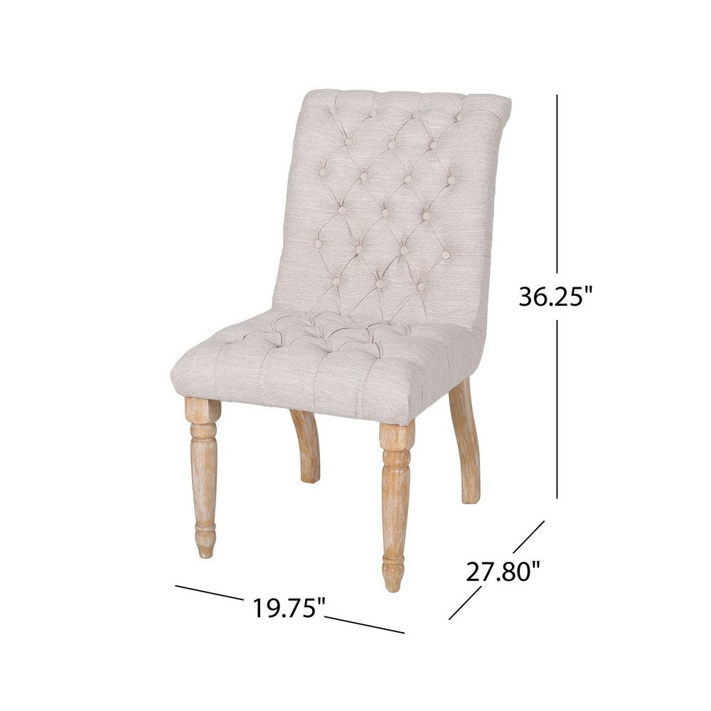 Dining Chair Set of 2, Button Tufted Beige Fabric, Natural Brown Wood -BM327692