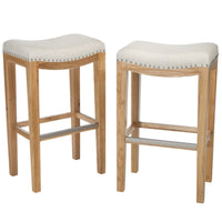Barstool Set of 2, Footrests and Nailhead Trim, Beige, Natural Brown