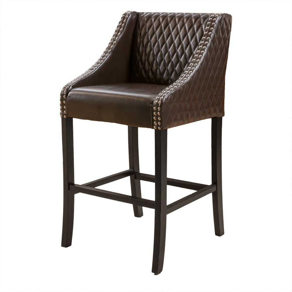 Cross Barstool Chair, Curved Armrest Design, Dark Brown Bonded Leather -BM327704