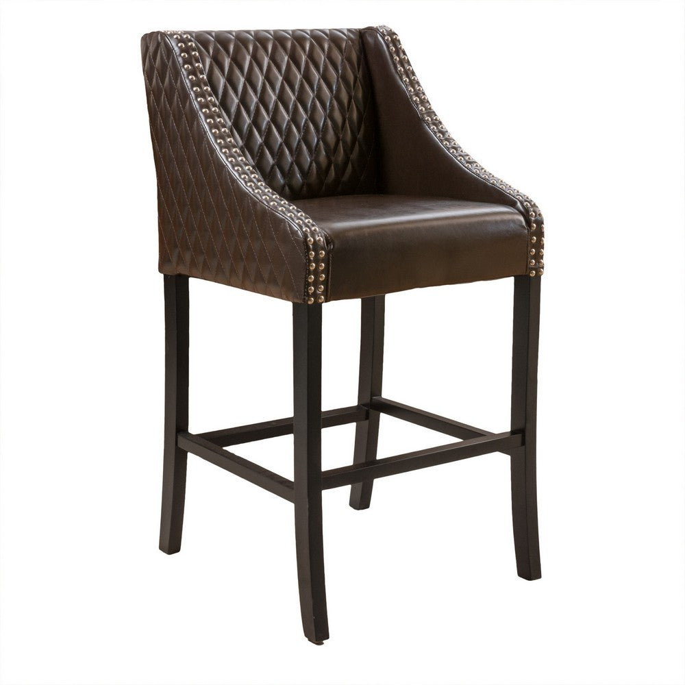 Cross Barstool Chair, Curved Armrest Design, Dark Brown Bonded Leather
