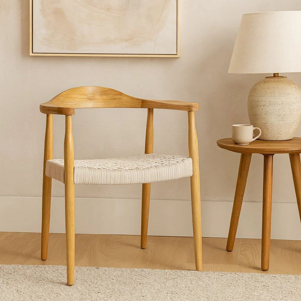 Accent Armchair, White Rope Woven Style Seat, Natural Brown Ash Wood -BM327709