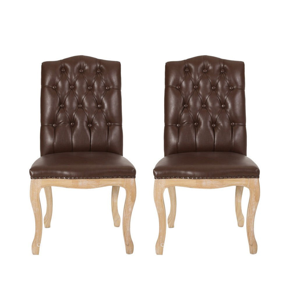 Dining Side Chair Set of 2, Button Tufted, Dark Brown Faux Leather -BM327710