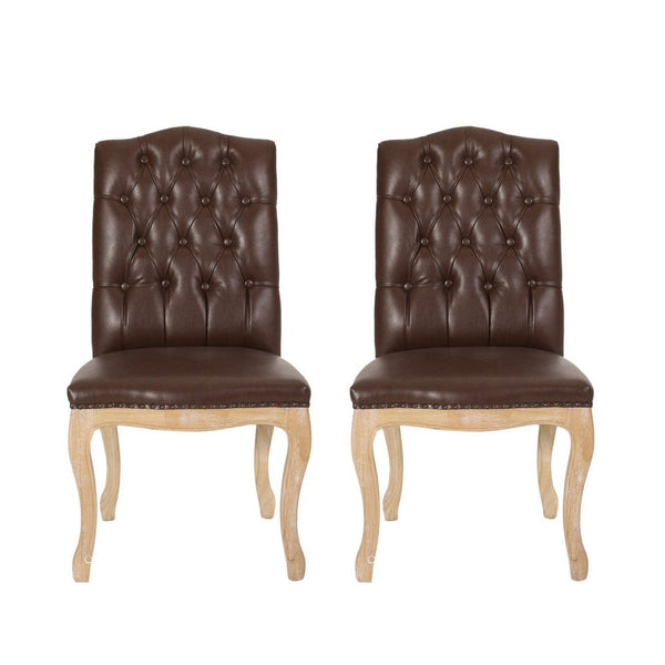Dining Side Chair Set of 2, Button Tufted, Dark Brown Faux Leather -BM327710