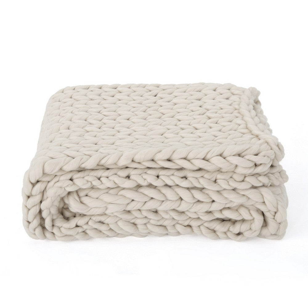 Moon Throw Blanket, 60 Inch Knitted Braid Design, Ivory White Acrylic